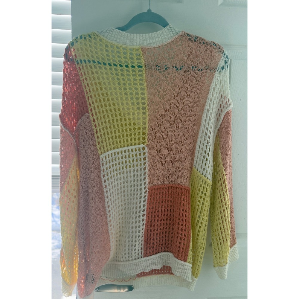 POL Clothing Women Colorblock Patchwork Crochet V-Neck Sweater Pink Yellow M - Picture 5 of 7